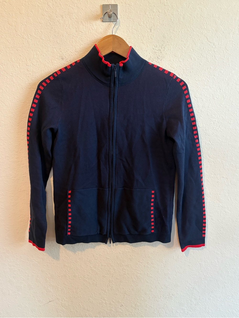 Edinburgh Knit Wear Navy Zip-Front Sweater with Red Trim XS